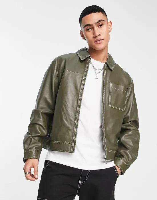 harrington leather jacket in green with contrast stitch