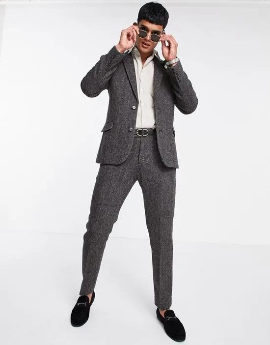 harris tweed 100% wool slim suit pants in brown herringbone