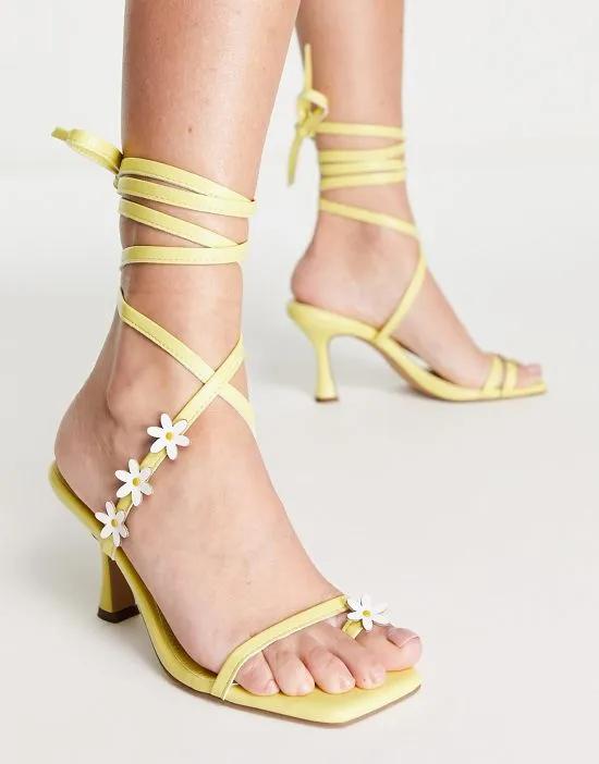 Hazey daisy tie leg heeled sandals in yellow