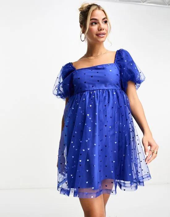 heart embroidery puff sleeve mini dress in blue
