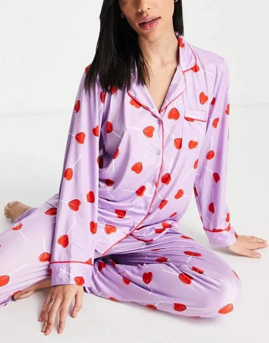 heart lollipops button through pajama set in lilac
