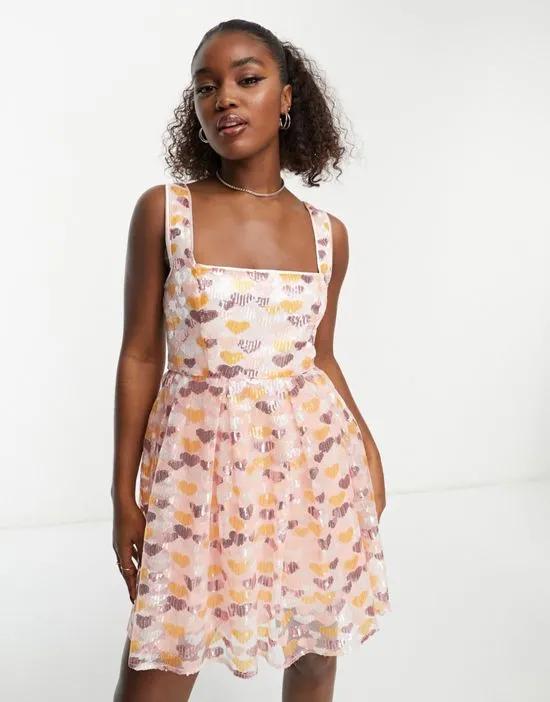 heart sequin mini dress in coral