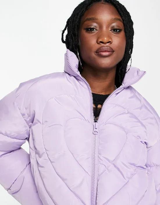 heart shaped puffer jacket in lilac