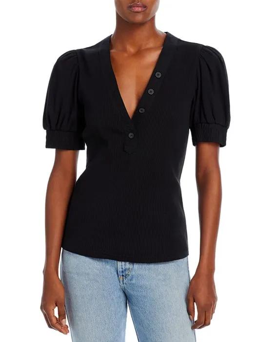 Heather V Neck Puff Sleeve Top 