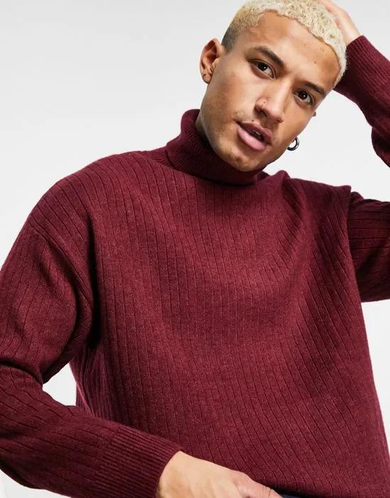 heavy knit roll neck sweater in burgundy