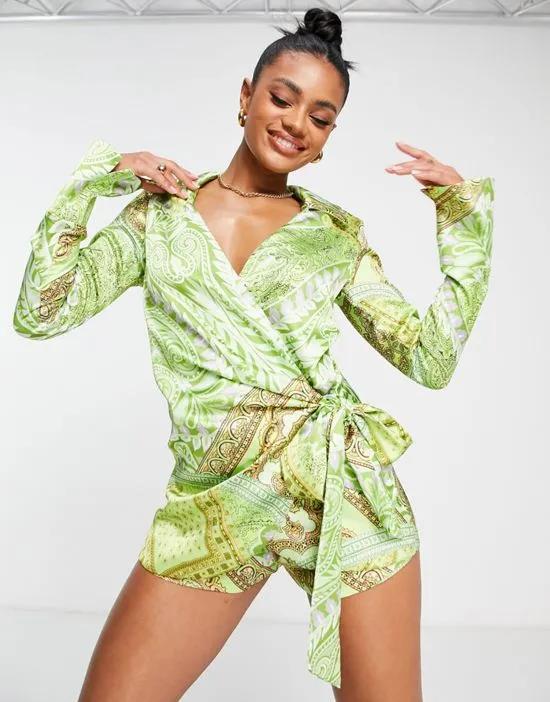 heavy satin wrap knot front romper in paisley print