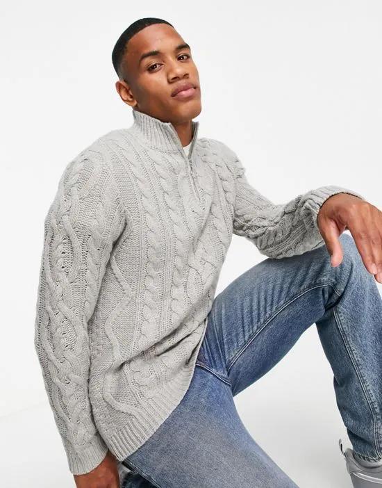 heavyweight cable knit half zip sweater in gray