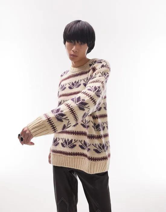 heavyweight fairisle knitted sweater with wool in ecru