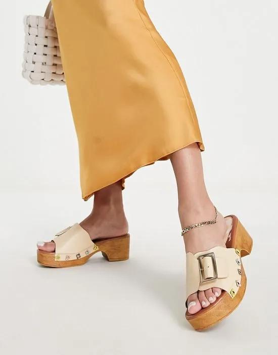 Helen daisy trim mid heeled clog sandals in yellow