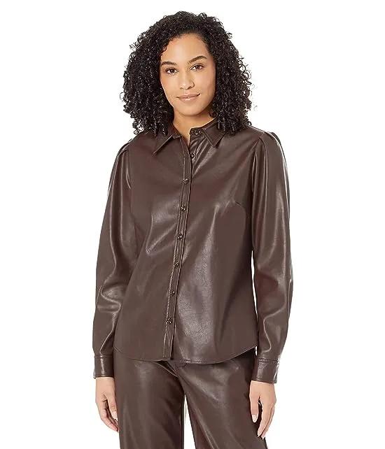 Henrietta-Faux Leather Long Sleeve Button-Down w/ Pleated Sleeve