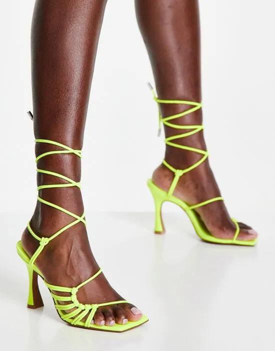 Herald knotted caged tie leg mid heeled sandals in neon yellow