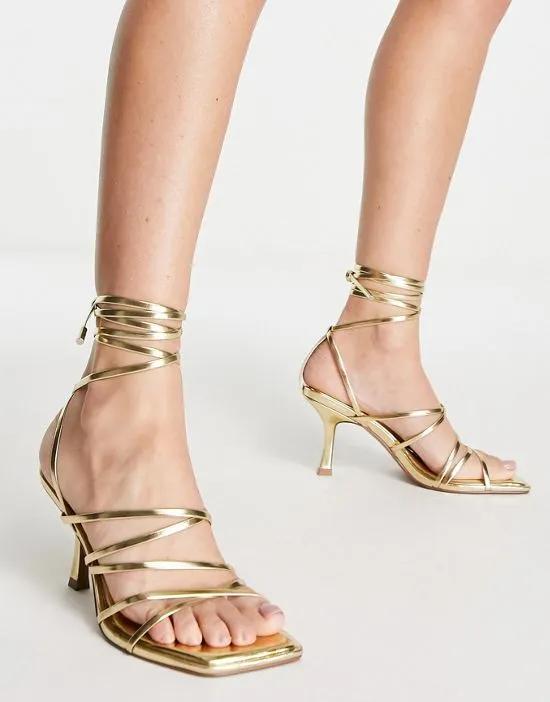Hiccup strappy tie leg mid heeled sandals in gold