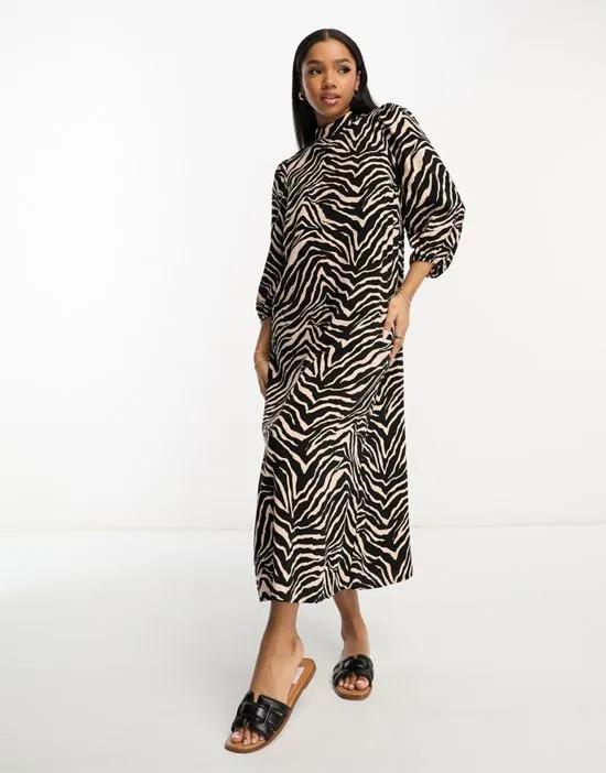high neck 3/4 sleeve midi dress in zebra print