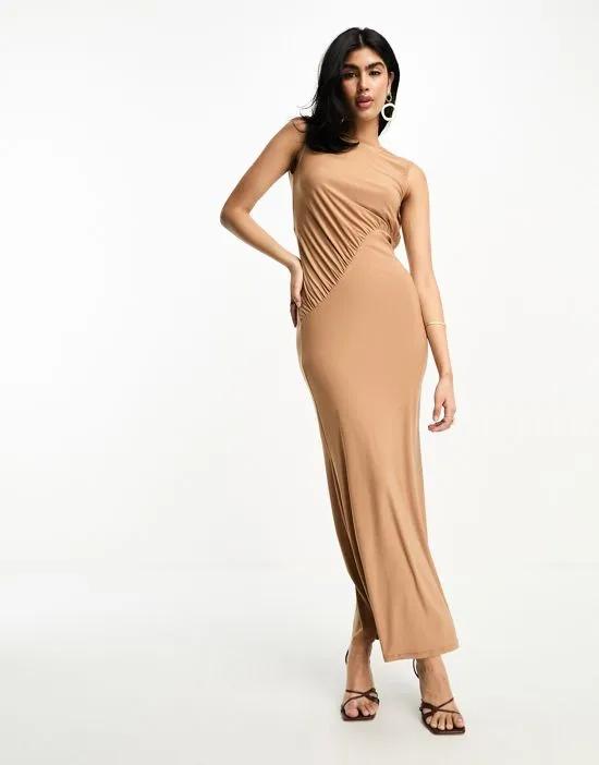 high neck asymmetric ruched low back maxi dress in camel
