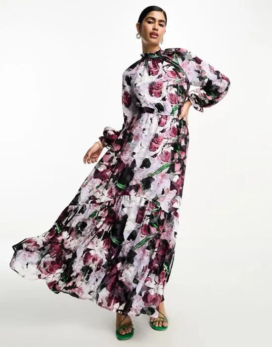 high neck big sleeve jacquard maxi dress in floral print