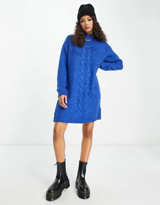 high neck cable knit sweater dress in bright blue