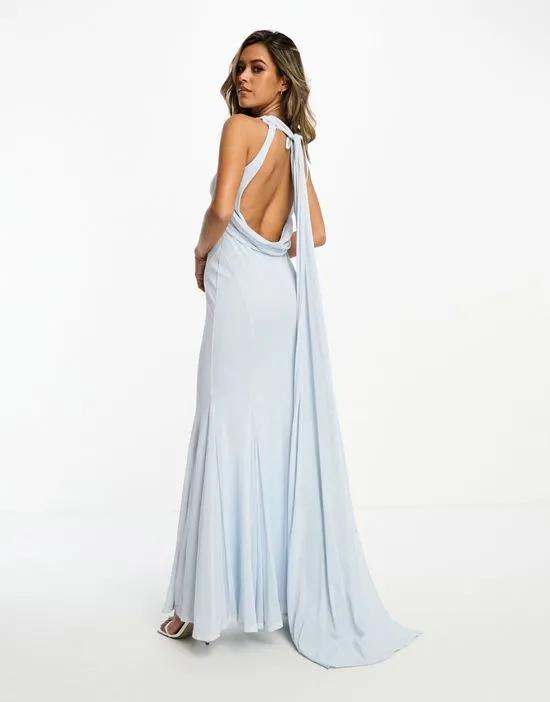high neck cowl back tie detail maxi dress in light blue