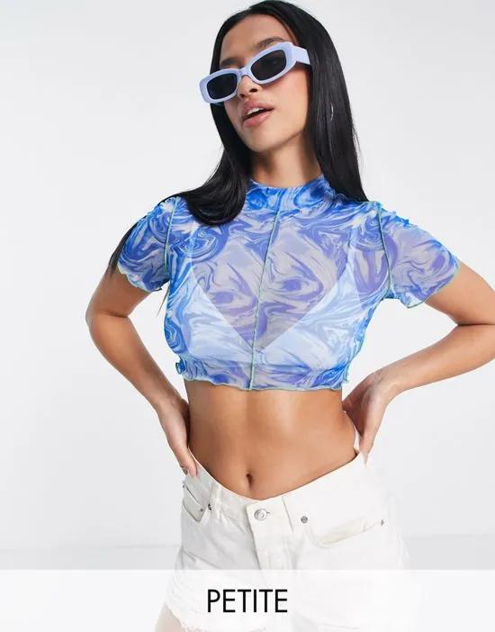 high neck crop top in blue marble