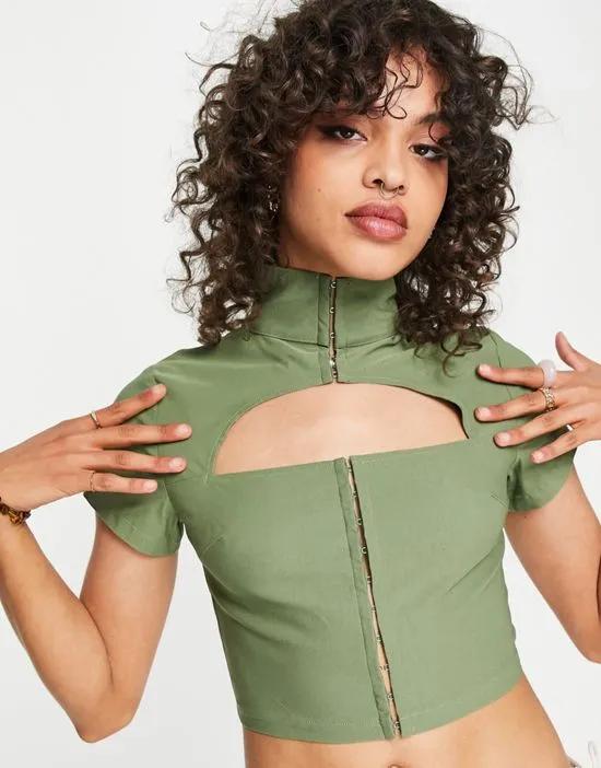 high neck cut out fitted top in sage - part of a set