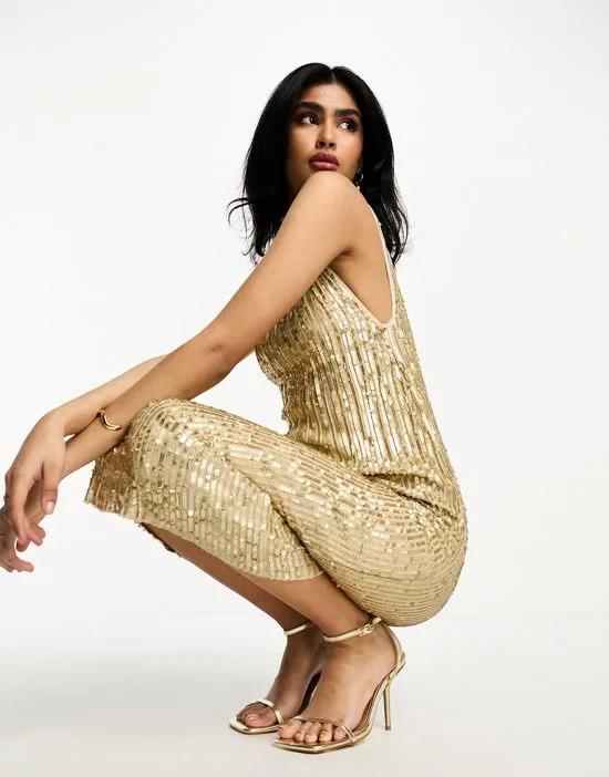 high neck embellished midi dress in plisse sequin in gold