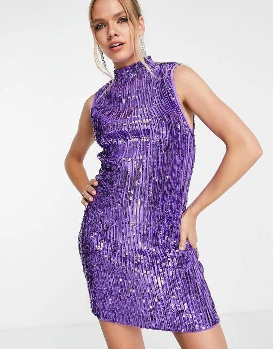 high neck embellished mini dress in plisse sequin in purple