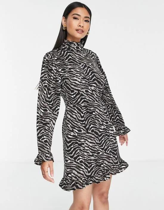 high neck frill hem mini dress in zebra print