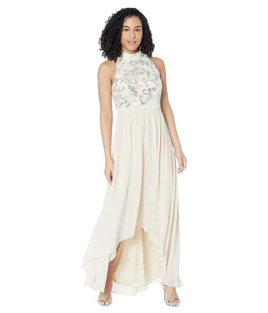 High Neck Haltered Sequin Top Gown with High-Low Chiffon Skirt
