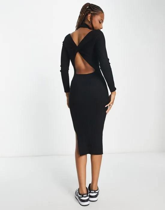 high neck knitted midi dress with cut out cross back in black