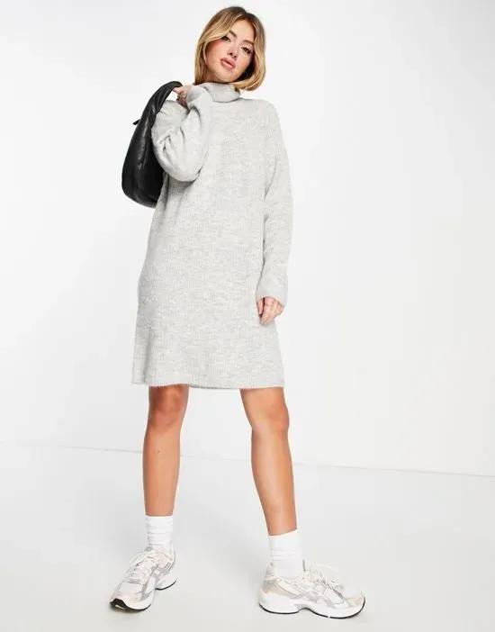 high neck knitted mini dress in light gray