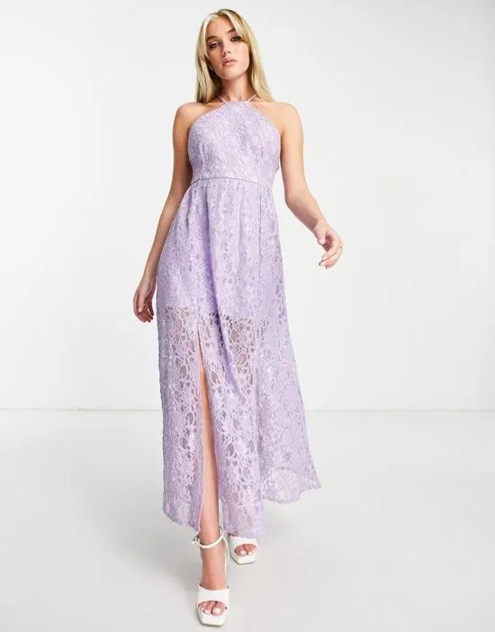 high neck lace midi dress in lilac