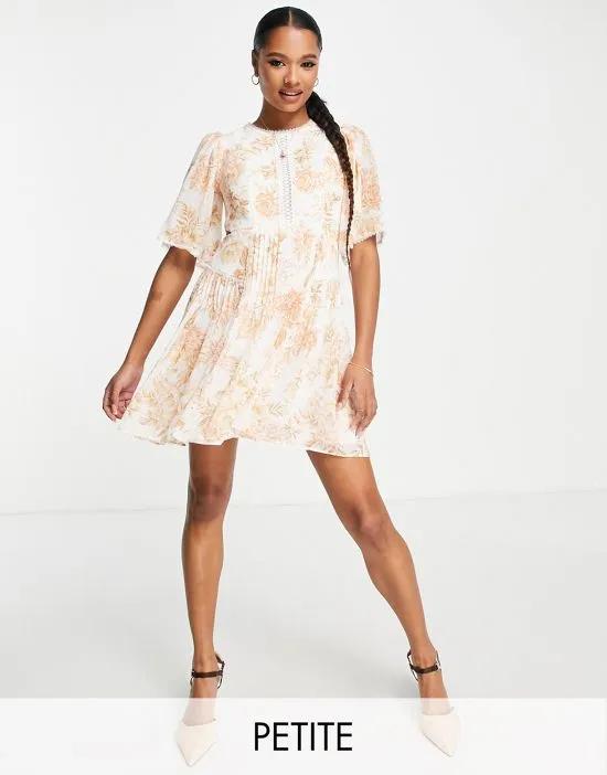 high neck lace mini dress in apricot floral