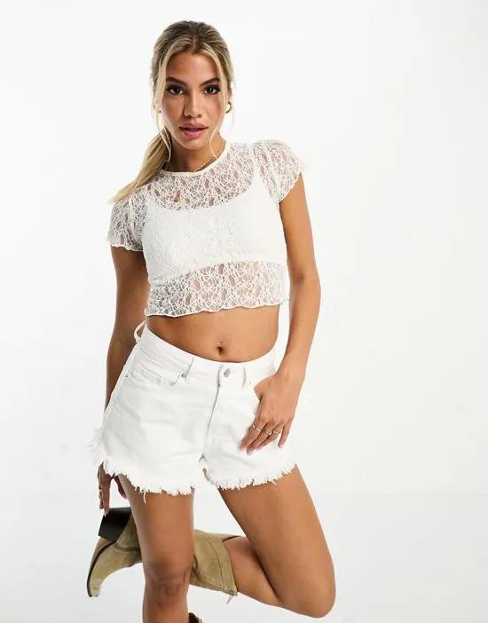 high neck lace top in white