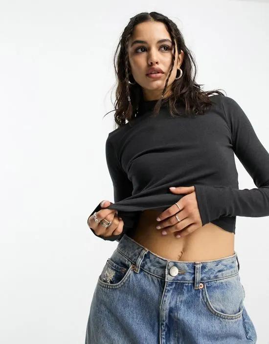 high neck long sleeve crop top in charcoal