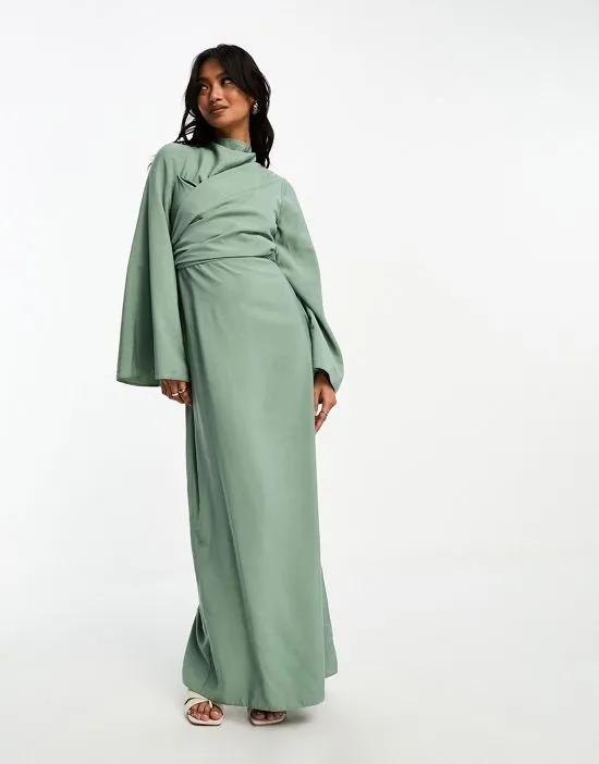 high neck maxi dress with wrap waist and fluted sleeve in sage green