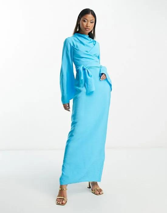 high neck maxi dress with wrap waist and fluted sleeve in turquoise