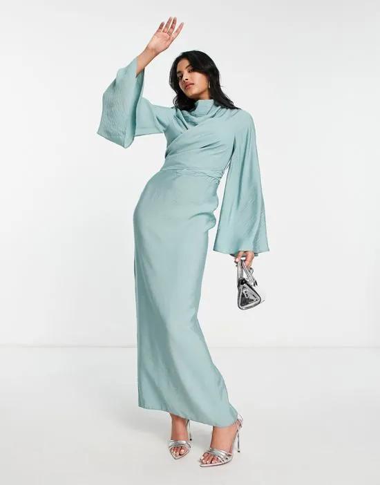 high neck maxi dress with wrap waist and fluted sleeves in dusky blue