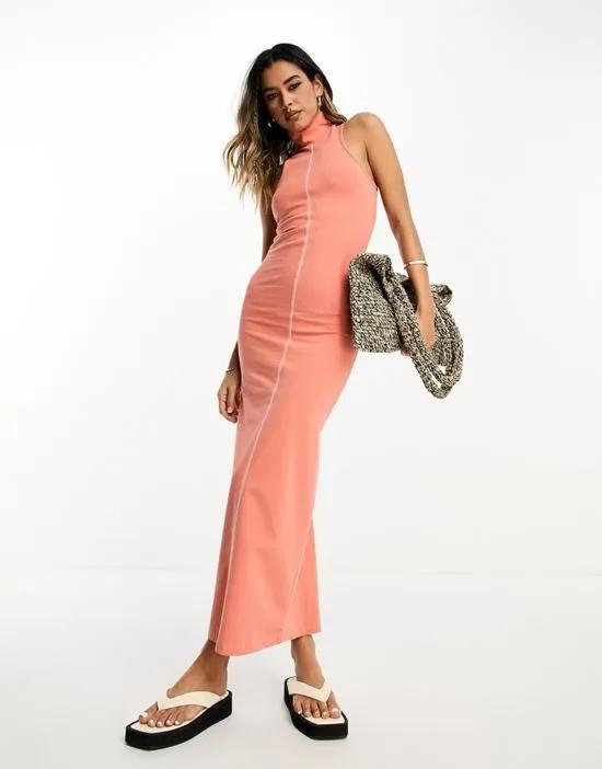 high neck maxi ribbed dress with seam detail in orange