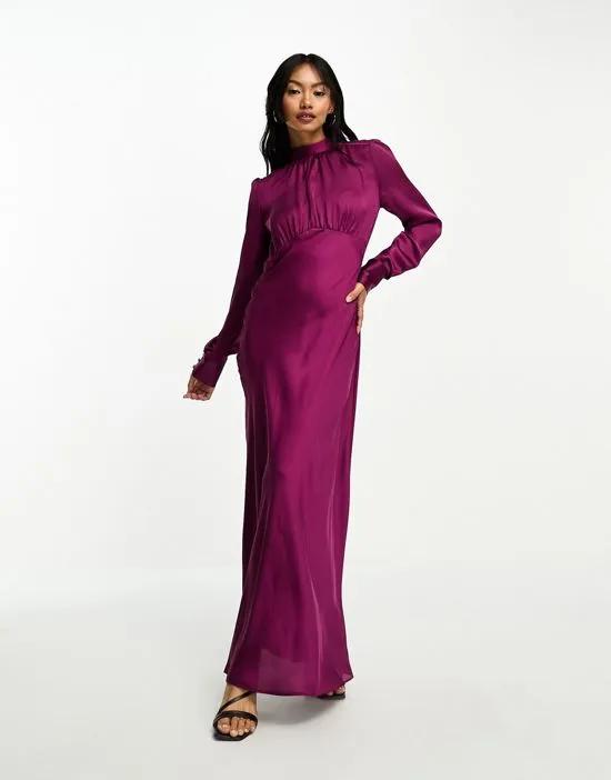 high neck maxi satin tea dress in purple