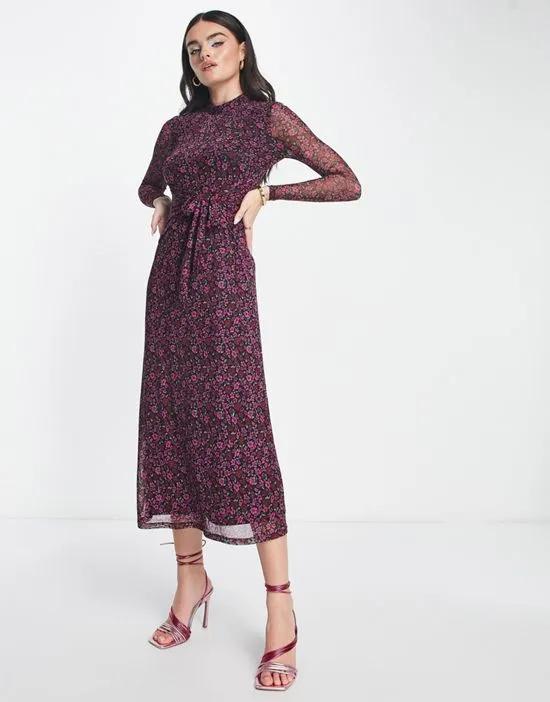 high neck midi dress with sheer sleeve in floral