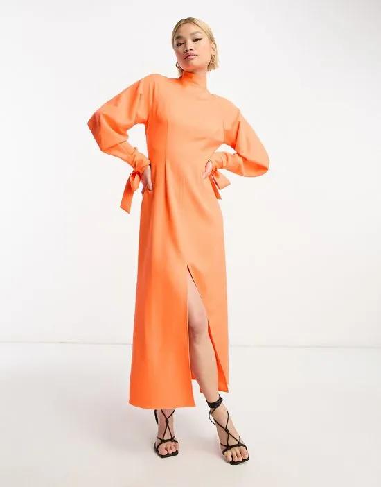 high neck midi dress with slit front and tie sleeves in neon orange