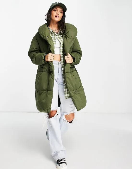 high neck padded coat in khaki