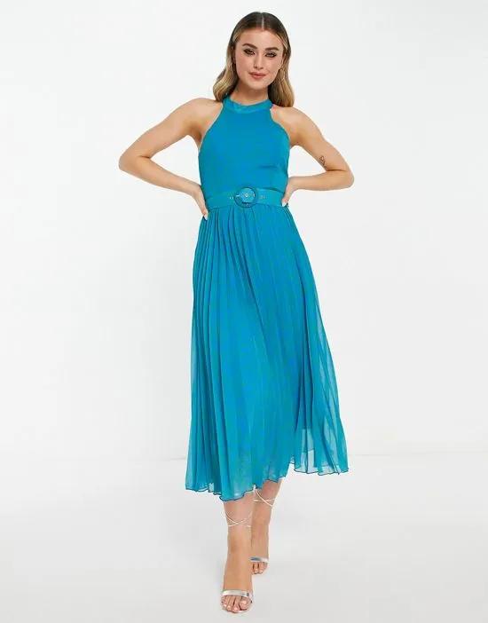 high neck pleated midaxi dress in blue leopard print