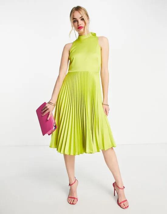 high neck pleated midi dress in lime