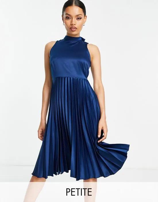 high neck pleated midi dress in navy