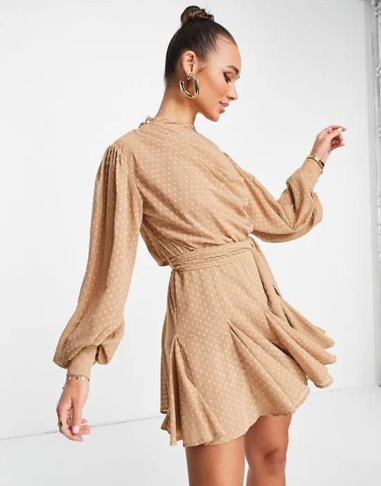 high neck pleated mini dress with godet detail in stone