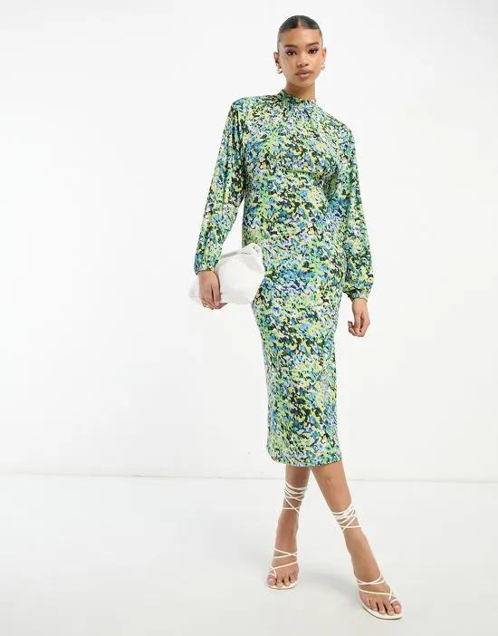 high neck puff sleeve midi dress in blue floral print