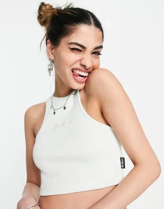 high neck racer back cropped tank top with embroidered logo