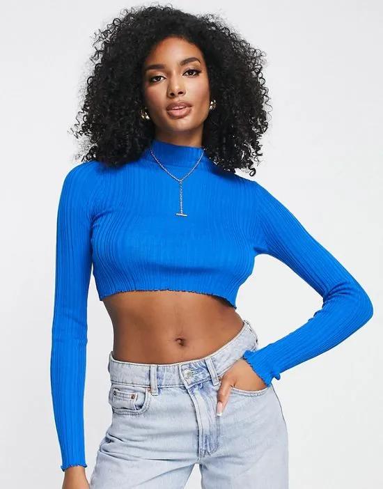 high neck rib knit top in blue