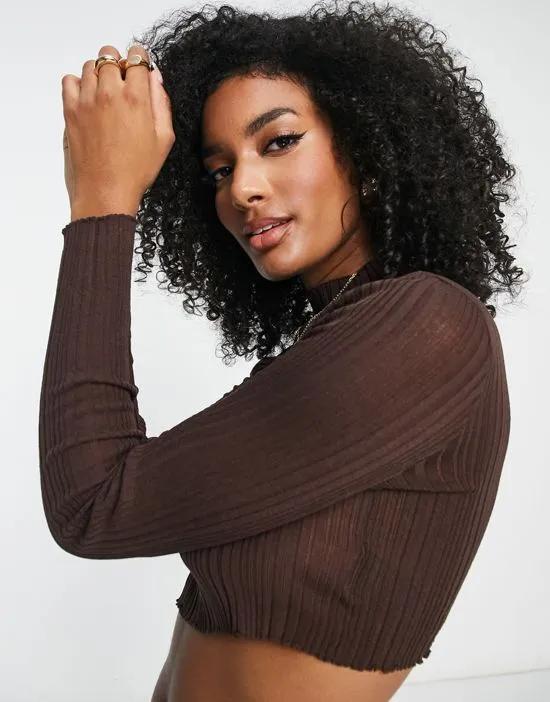 high neck rib knit top in brown