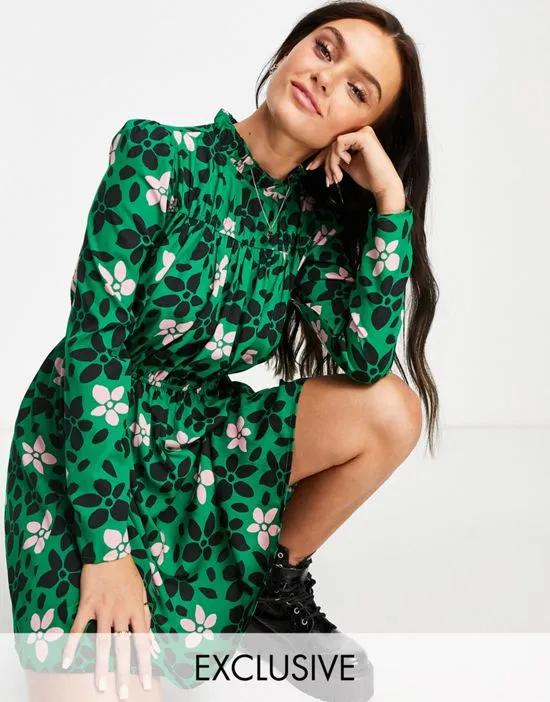 high neck ruched bust long sleeve mini tea dress in green floral